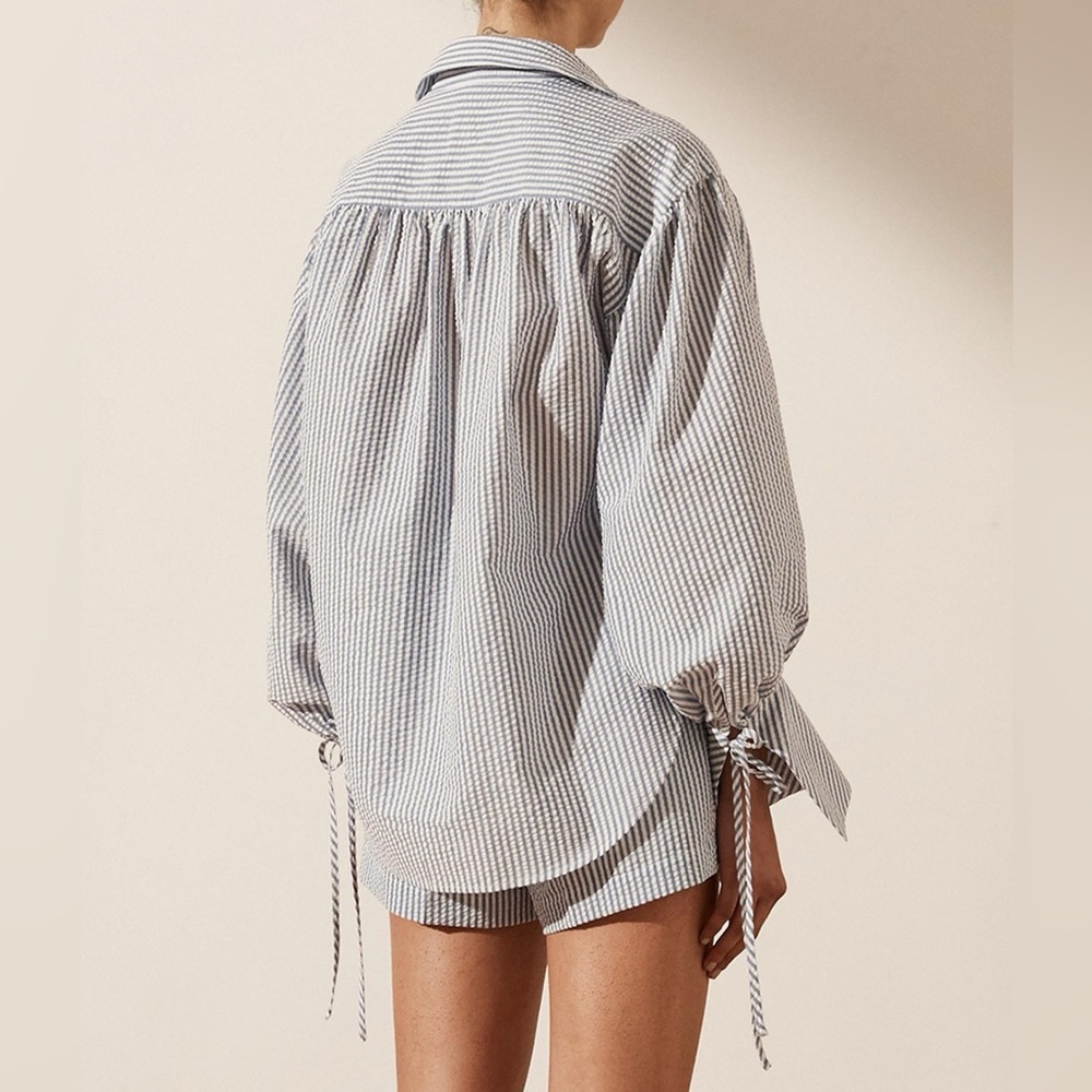 Shona Joy Roberta oversized tie cuff balloon sleeve top in blue and white stripe - Picture 7 of 10